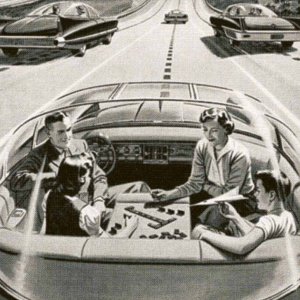 Photographie vintage représentant 4 jeunes gens dans une automobile.